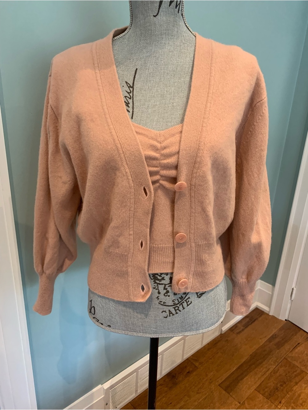 Sandro Paris Soft Peach/Pink Knit Cardigan and Ruched Tank Set - Women Sweaters